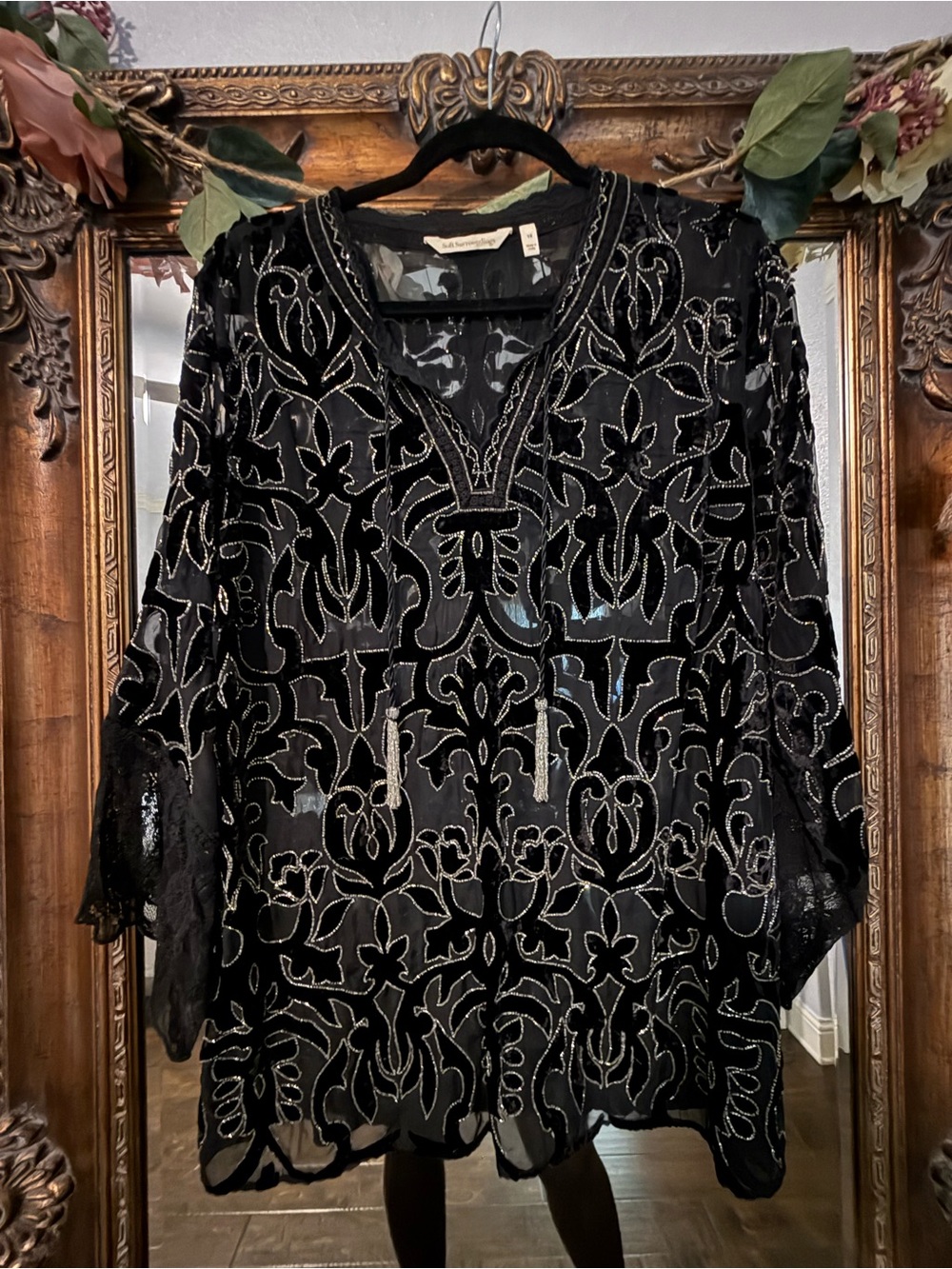 Soft Surroundings Vintage-Inspired Black Beaded V-Neck Tunic
